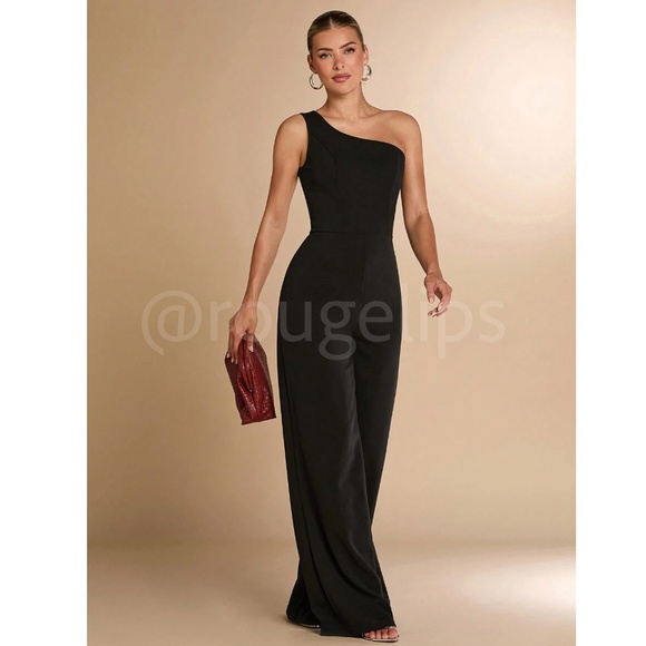 One Shoulder Black Elegant Jumpsuit High Waisted Long Wide Leg - Picture 3 of 7